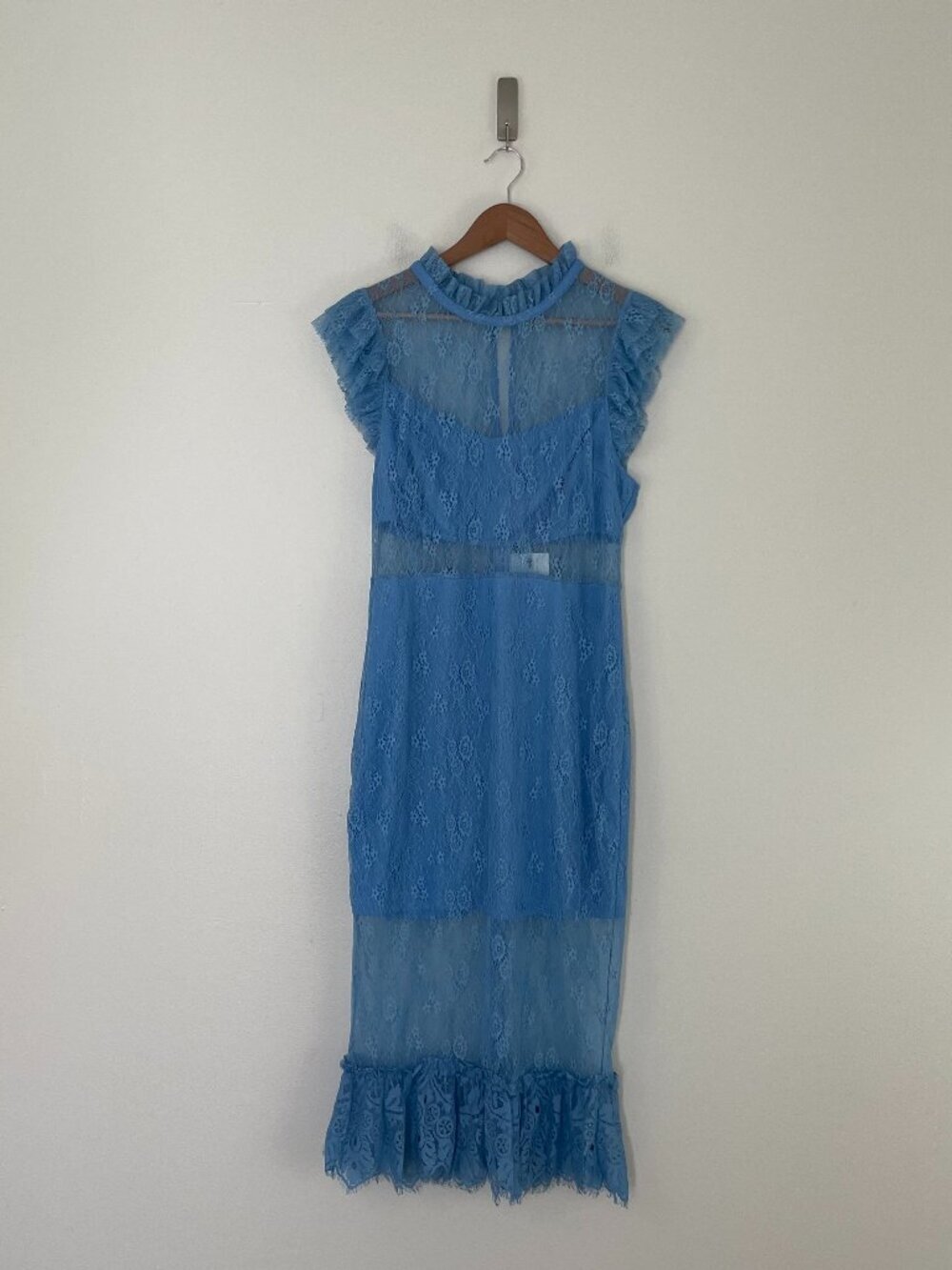 Endless Rose Saige Sheer Lace Midi Dress in Ocean Blue Size Large